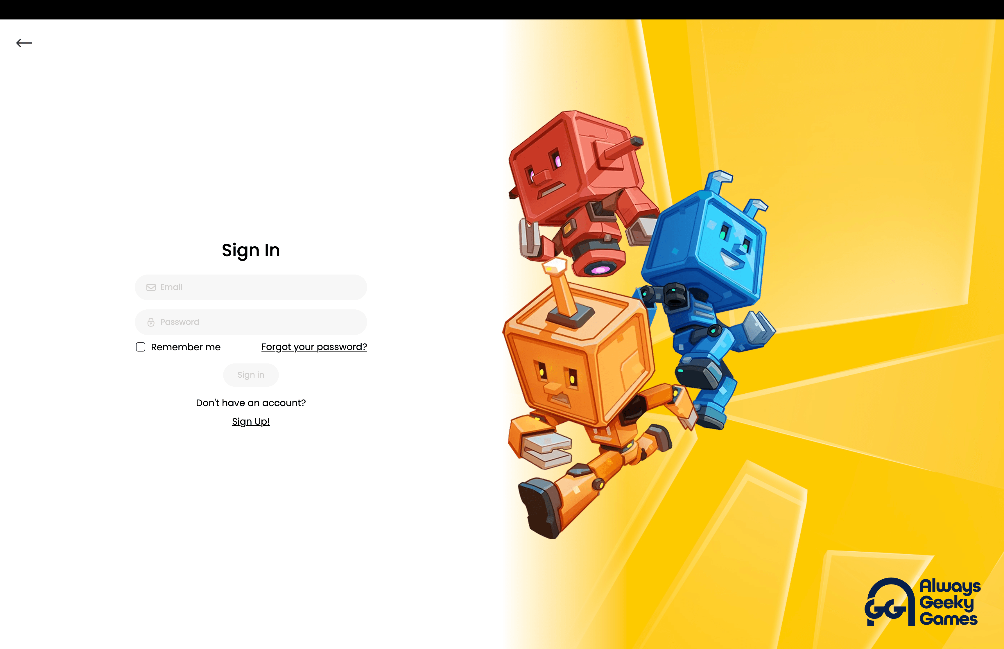 AlwaysGeeky Games login flow using shared form and recovery patterns.