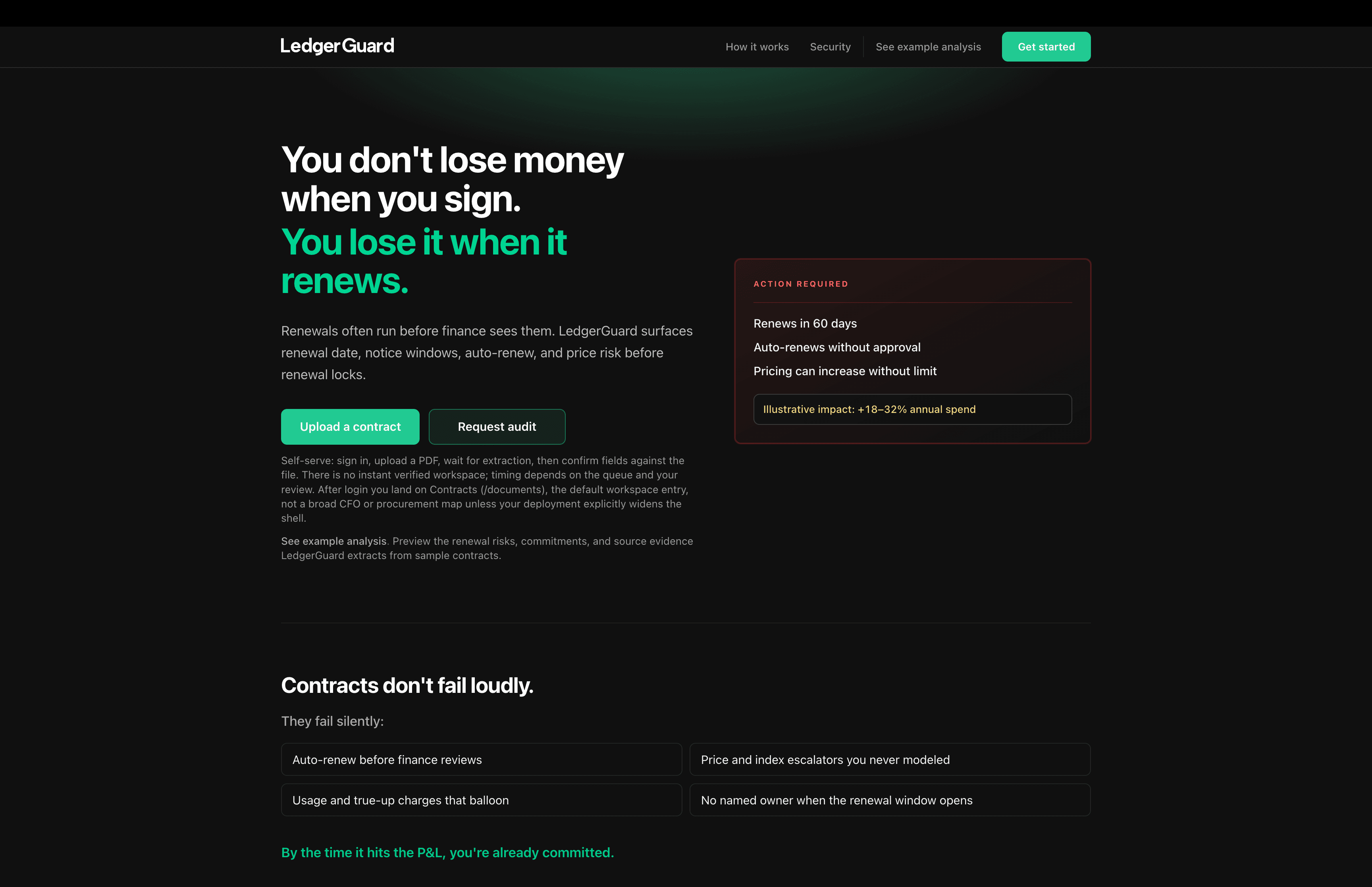 LedgerGuard landing page introducing AI-assisted contract intelligence for renewals and commitments.