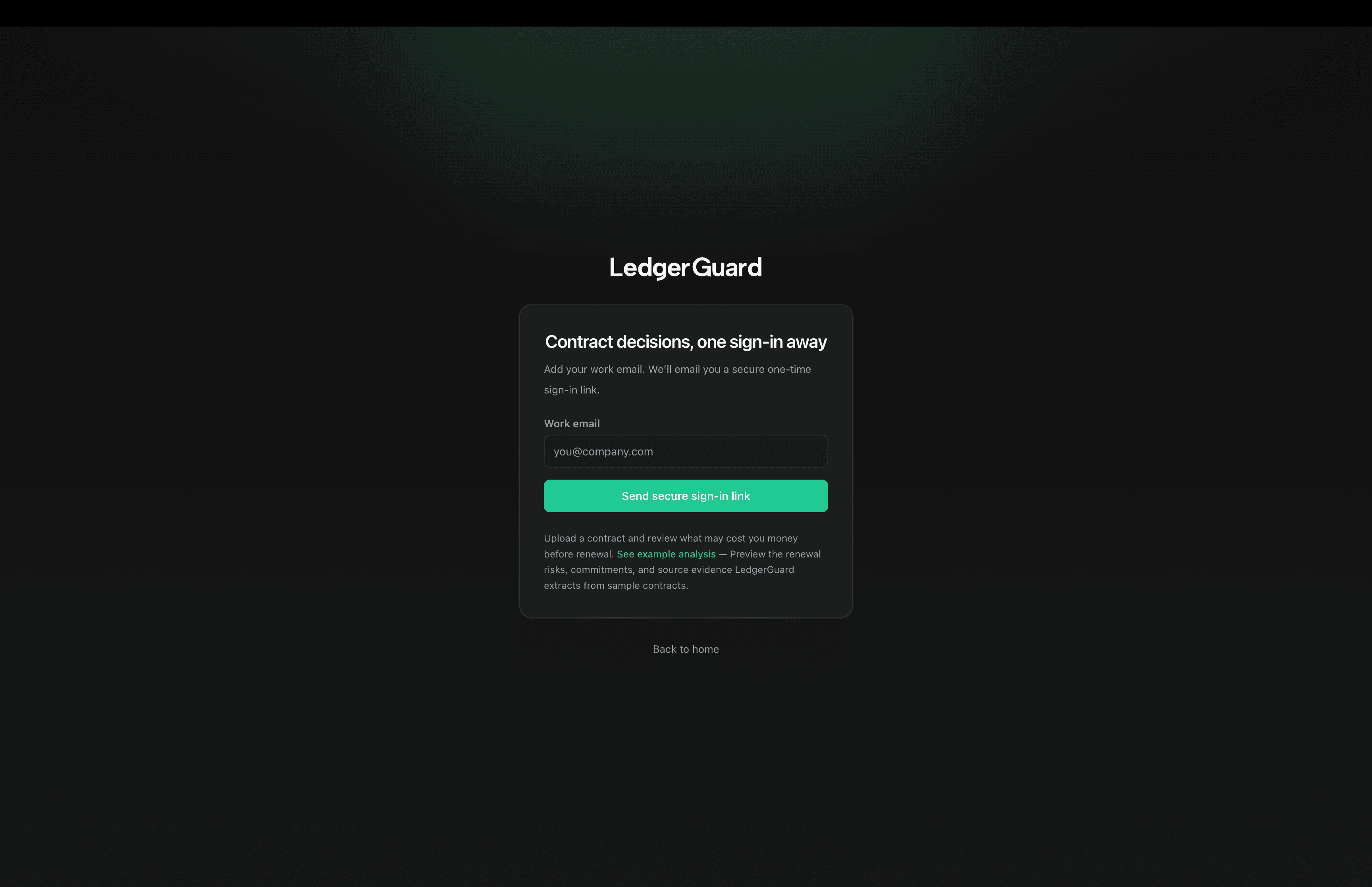 LedgerGuard sign-in screen for tenant-aware contract workflows.